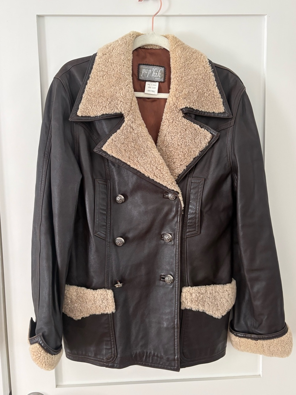 Pap’kik Paris 100% Leather Shearling Coat Brown Aviator Jacket Made in France L